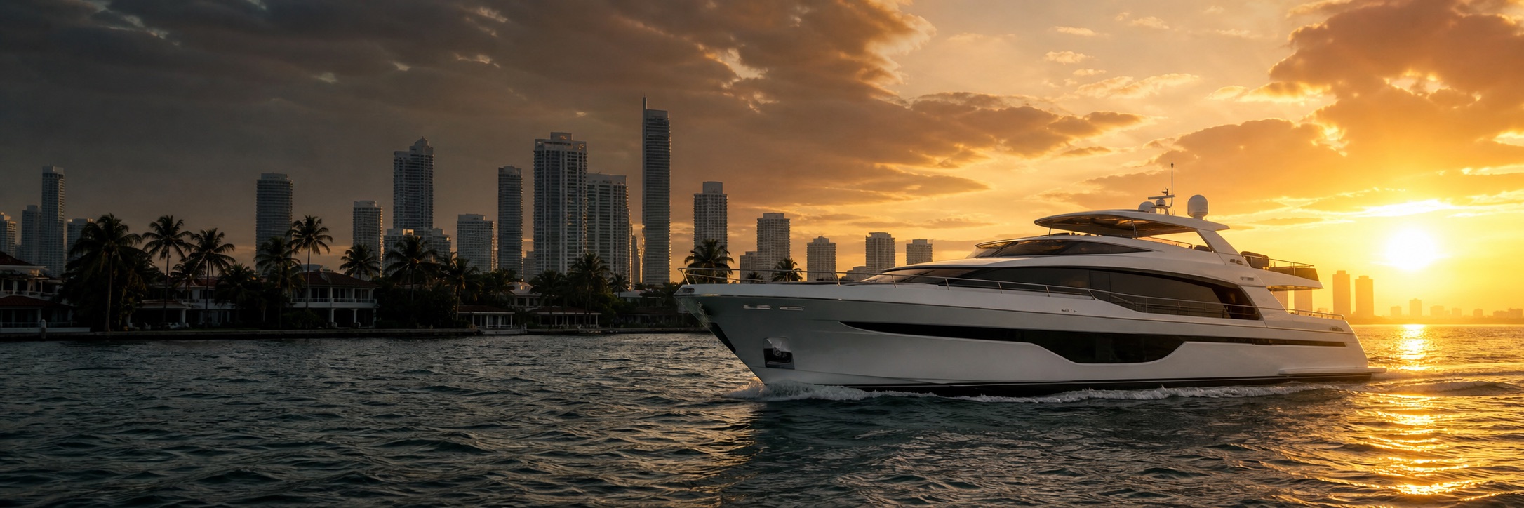 Large motor yacht cruising through Miami at sunset