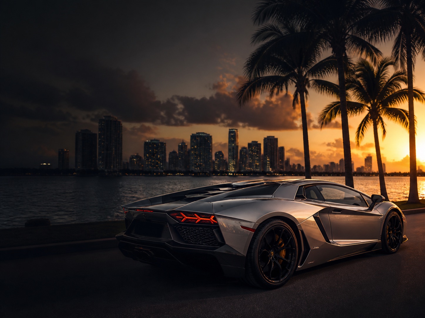 Silver exotic car on a palm-lined Miami road