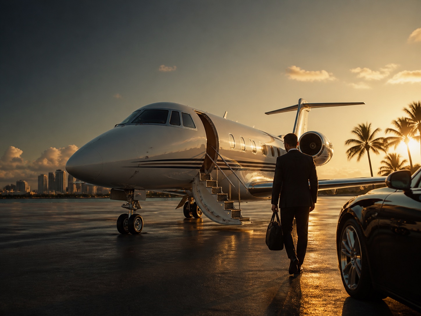 Private jet prepared for departure at golden hour