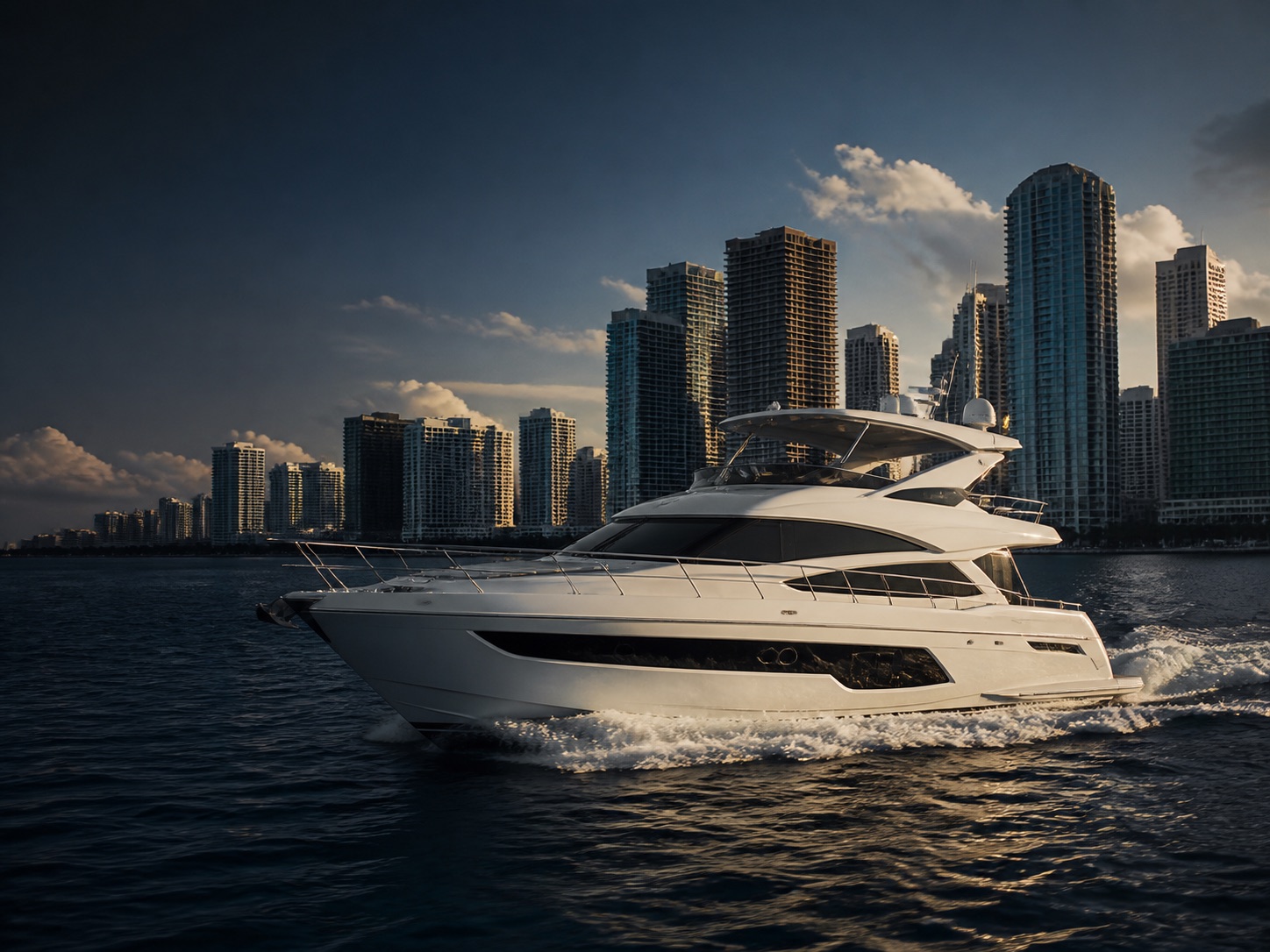 White flybridge yacht cruising beside the Miami skyline