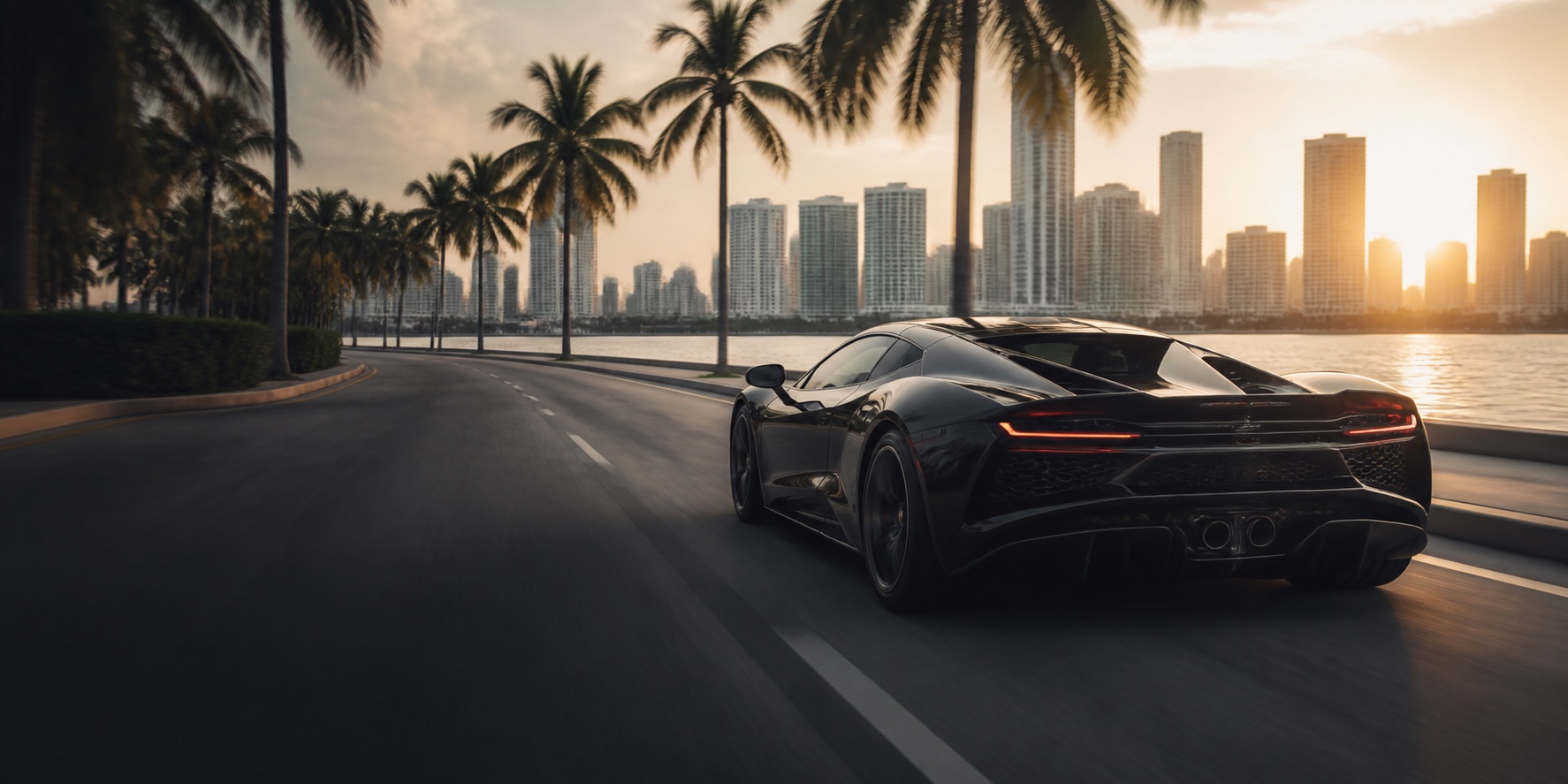 Black exotic car driving along the Miami waterfront