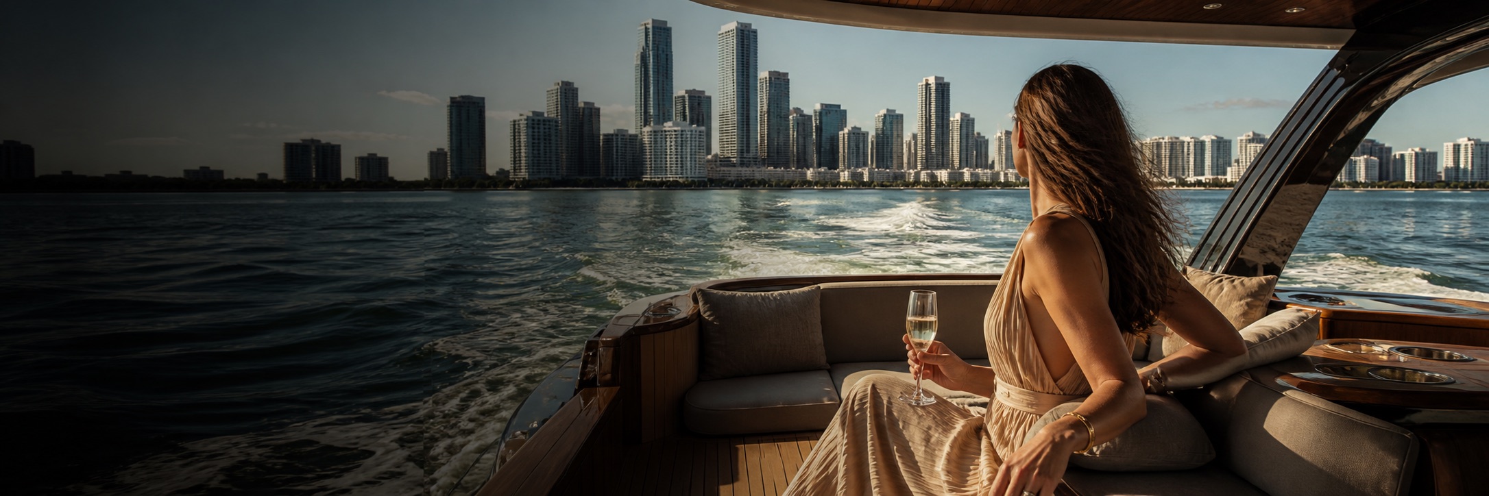 Guest relaxing aboard a yacht with the Miami skyline ahead